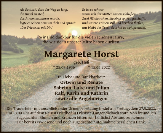 Traueranzeige von Margarete Horst von OF