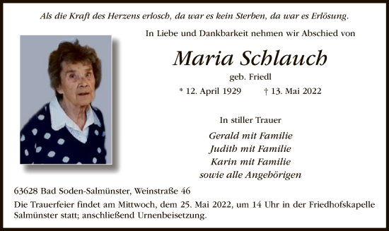 Traueranzeige von Maria Schlauch von OF
