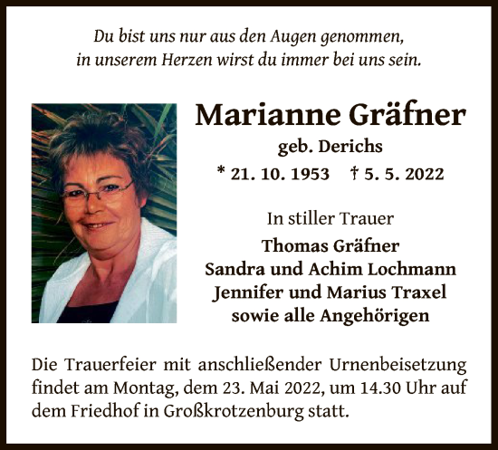 Traueranzeige von Marianne Gräfner von OF