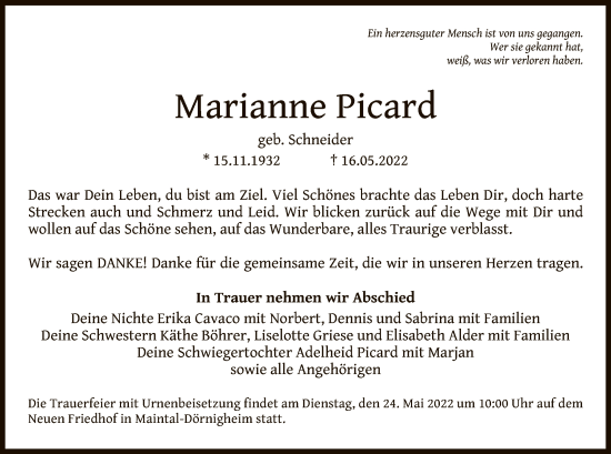 Traueranzeige von Marianne Picard von OF