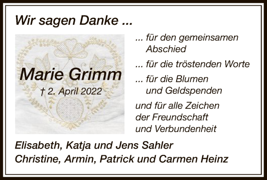 Traueranzeige von Marie Grimm von OF