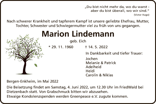 Traueranzeige von Marion Lindemann von OF