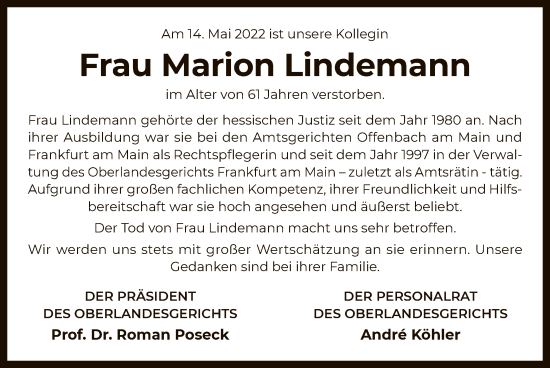 Traueranzeige von Marion Lindemann von OF