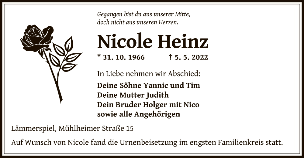  Traueranzeige für Nicole Heinz vom 18.05.2022 aus OF