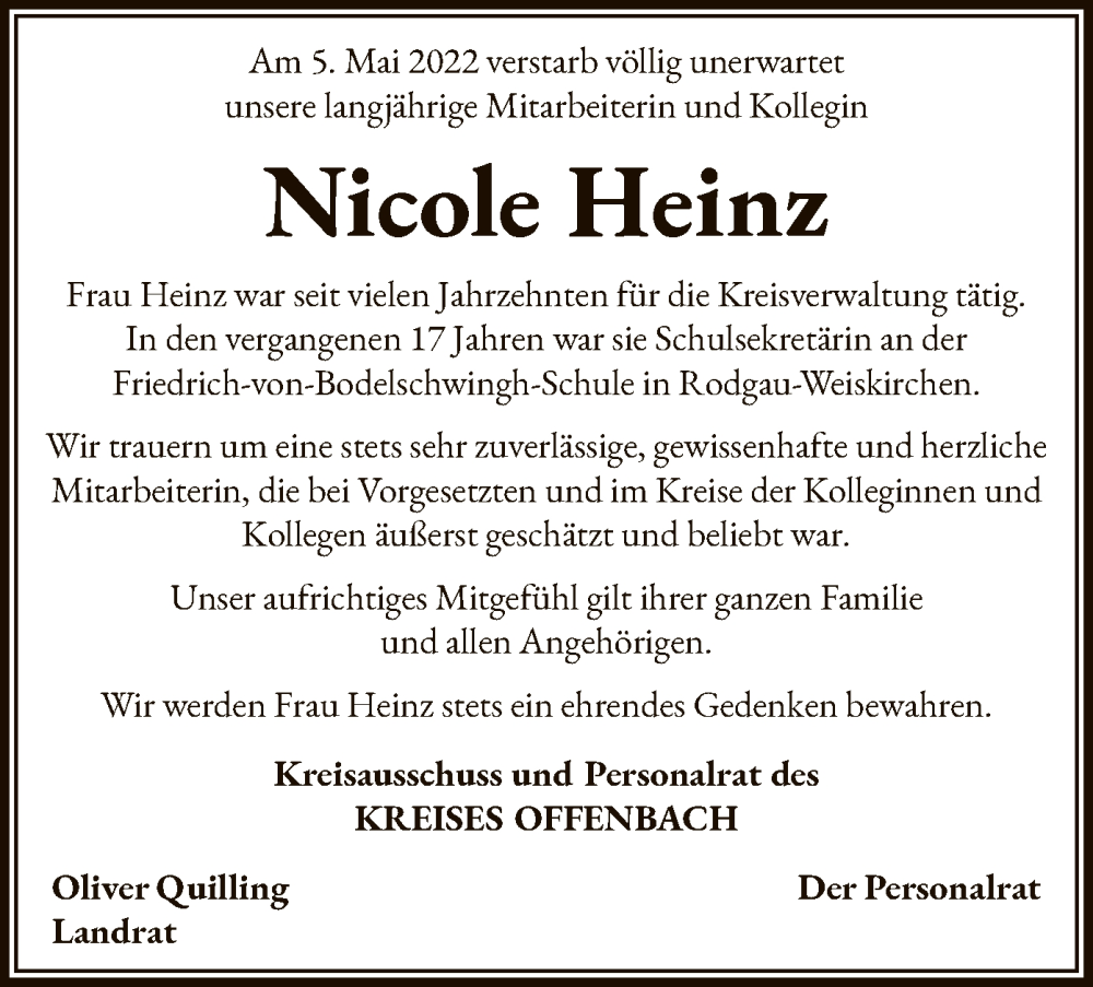  Traueranzeige für Nicole Heinz vom 14.05.2022 aus OF
