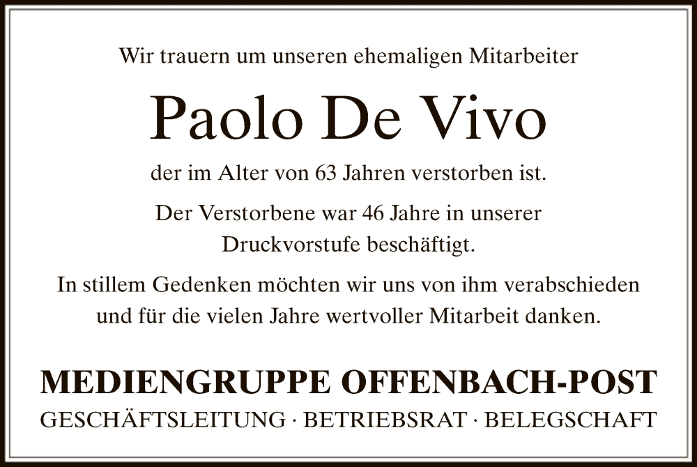  Traueranzeige für Paolo De Vivo vom 28.05.2022 aus OF