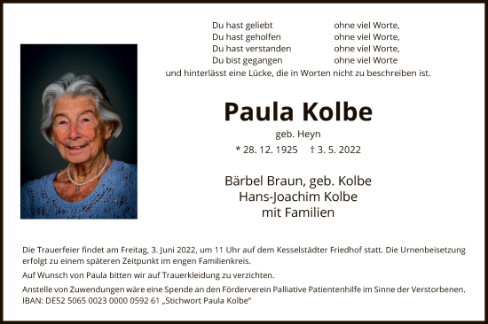 Traueranzeige von Paula Kolbe von OF