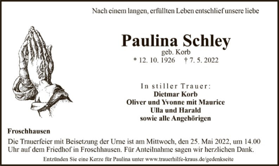 Traueranzeige von Paulina Schley von OF