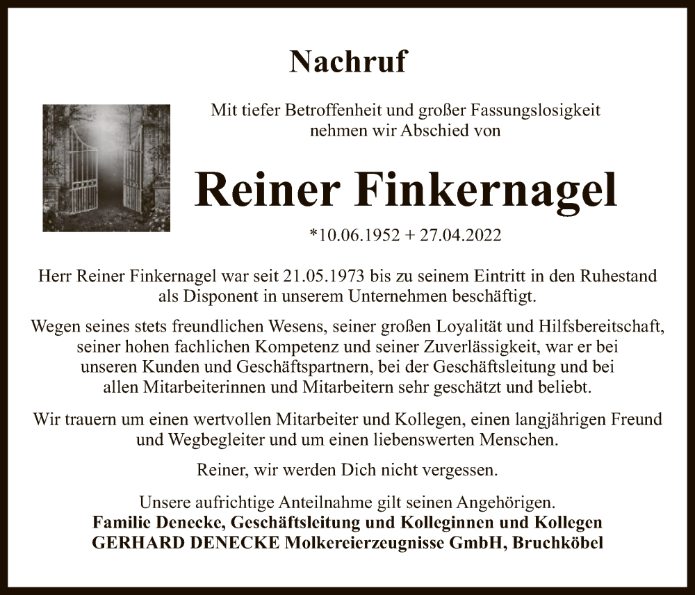  Traueranzeige für Reiner Finkernagel vom 07.05.2022 aus OF