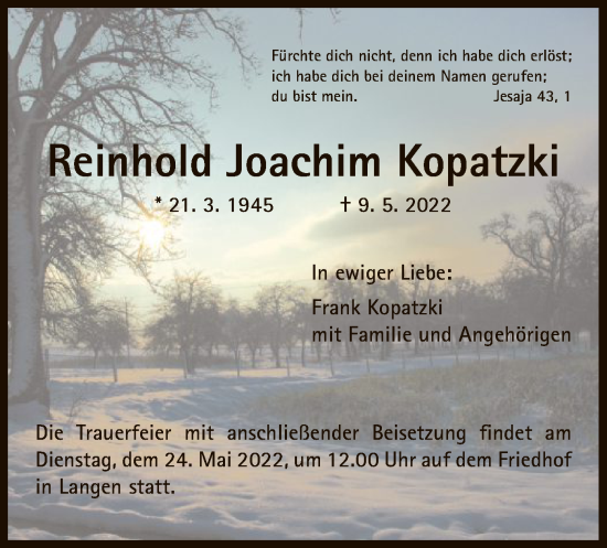 Traueranzeige von Reinhold Joachim Kopatzki von OF