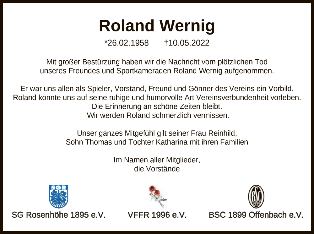  Traueranzeige für Roland Wernig vom 21.05.2022 aus OF
