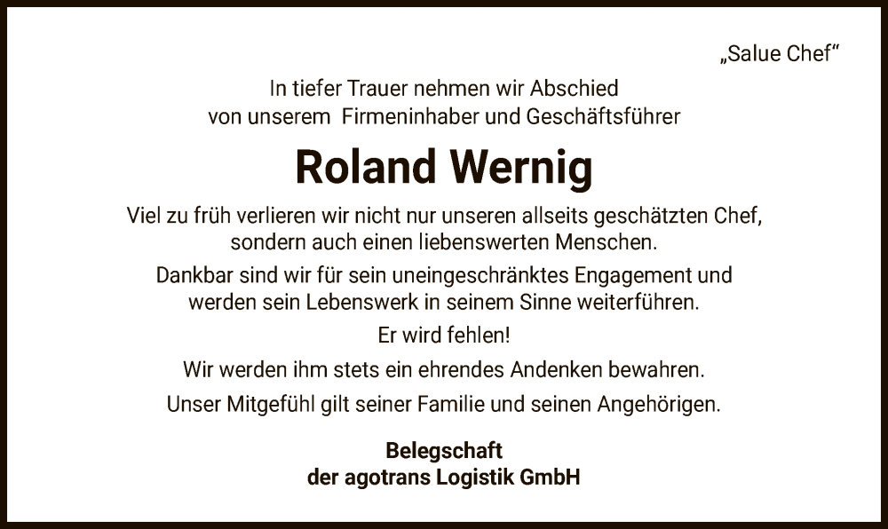  Traueranzeige für Roland Wernig vom 14.05.2022 aus OF