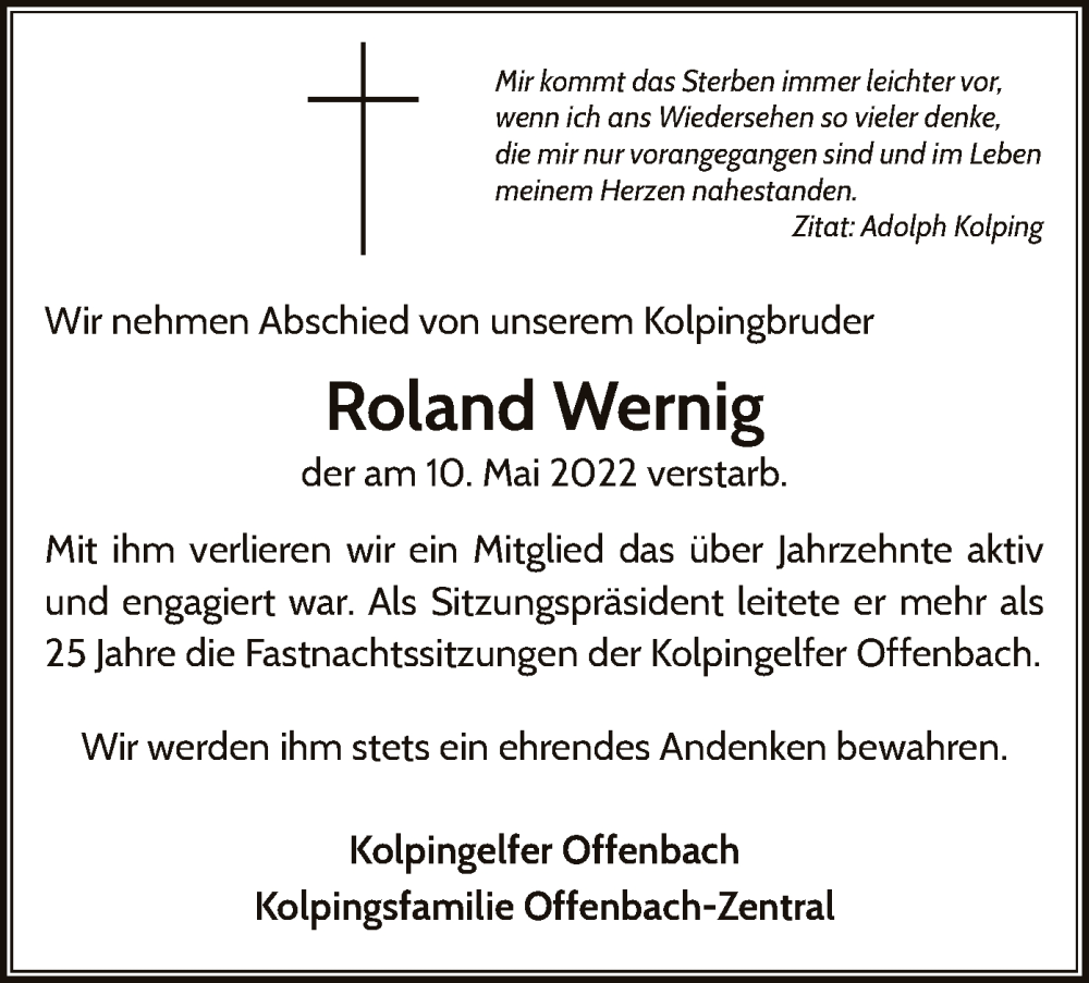  Traueranzeige für Roland Wernig vom 14.05.2022 aus OF