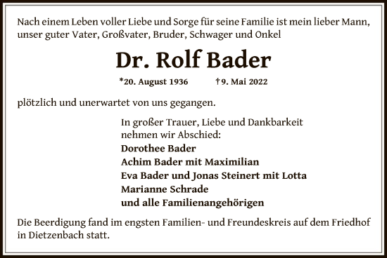 Traueranzeige von Rolf Bader von OF