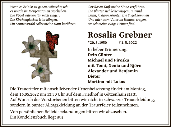 Traueranzeige von Rosalia Grebner von OF