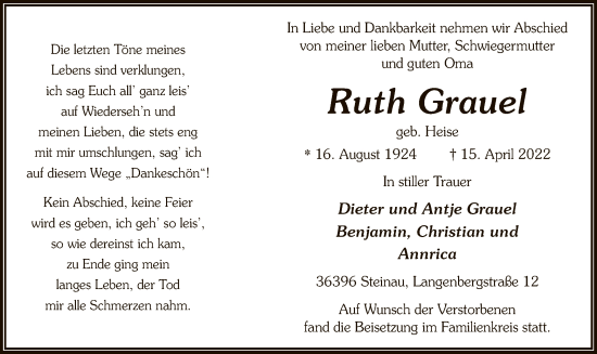 Traueranzeige von Ruth Grauel von OF