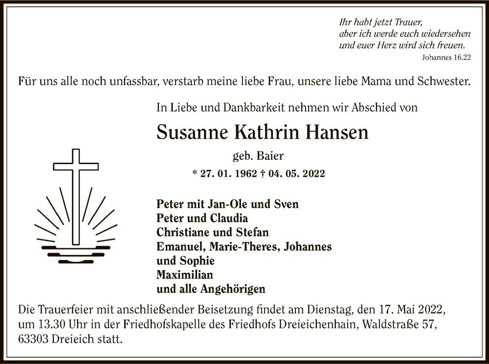  Traueranzeige für Susanne Kathrin Hansen vom 14.05.2022 aus OF