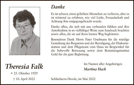 Traueranzeige von Theresia Falk von OF