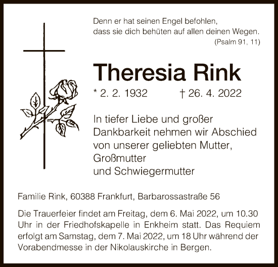 Traueranzeige von Theresia Rink von OF