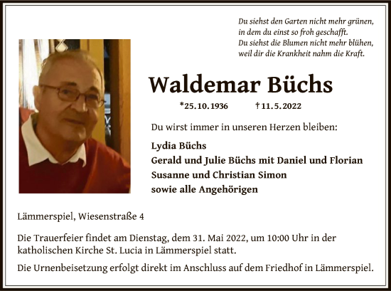 Traueranzeige von Waldemar Büchs von OF