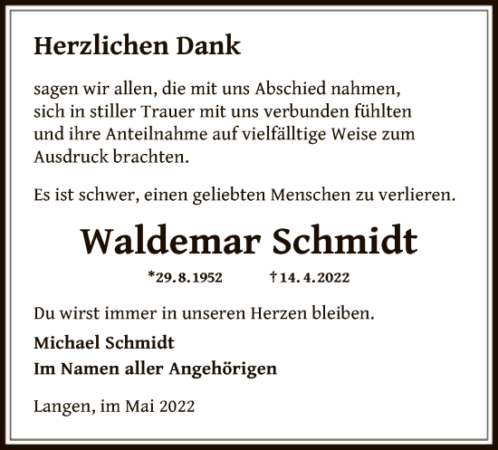 Traueranzeige von Waldemar Schmidt von OF