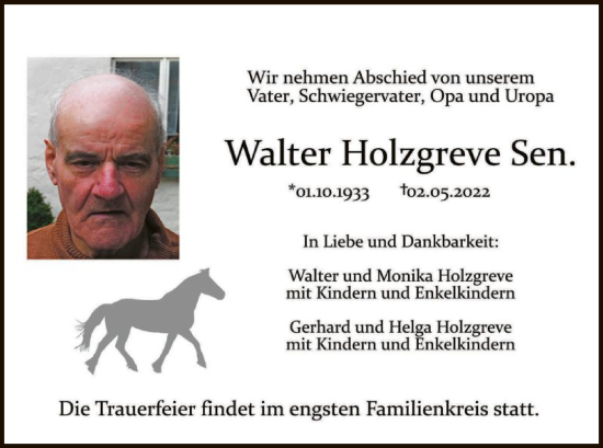 Traueranzeige von Walter Holzgreve von OF