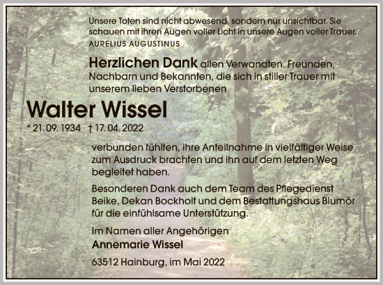 Traueranzeige von Walter Wissel von OF