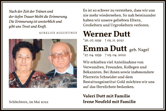 Traueranzeige von Werner und Emma Dutt von OF