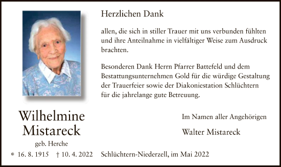 Traueranzeige von Wilhelmine Mistareck von OF