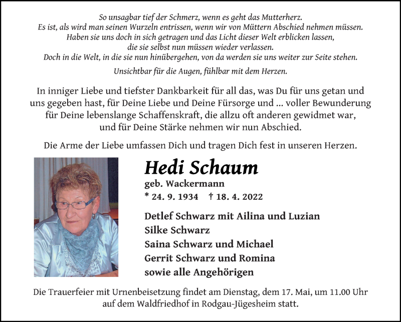  Traueranzeige für Hedi Schaum vom 11.05.2022 aus OF