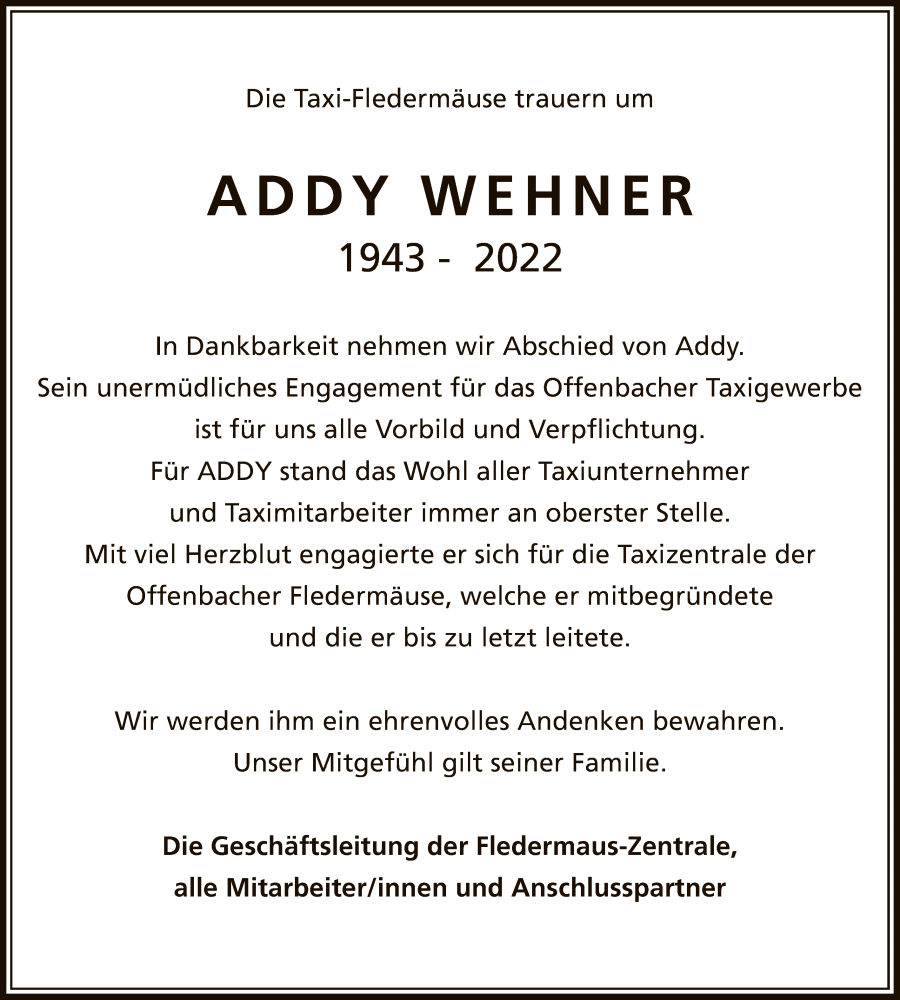  Traueranzeige für Addy Wehner vom 21.06.2022 aus OF