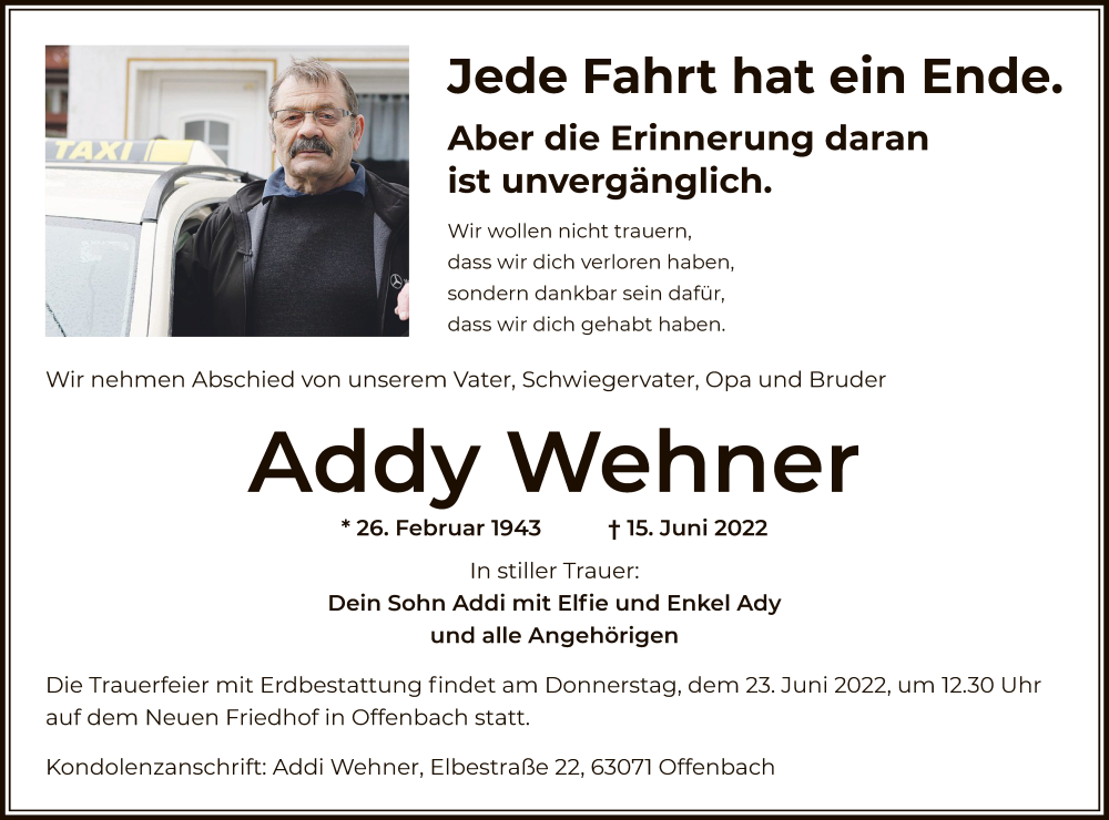 Traueranzeige für Addy Wehner vom 21.06.2022 aus OF