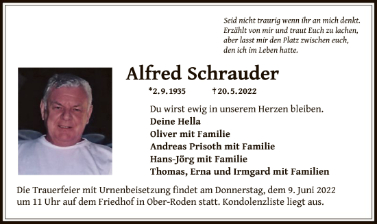 Traueranzeige von Alfred Schrauder von OF