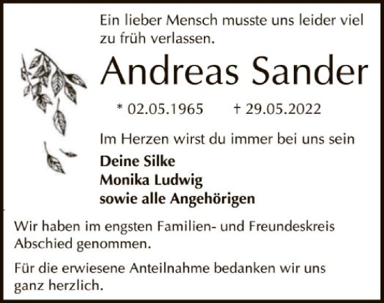 Traueranzeige von Andreas Sander von OF