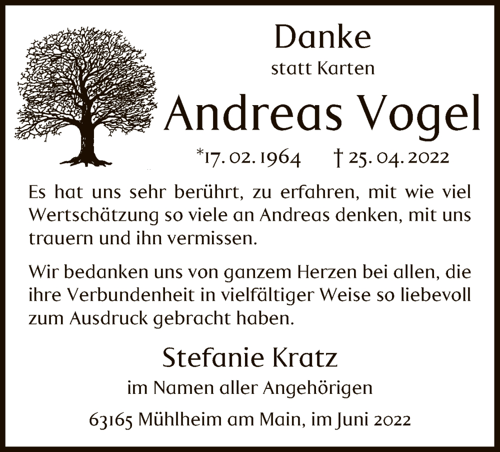  Traueranzeige für Andreas Vogel vom 22.06.2022 aus OF