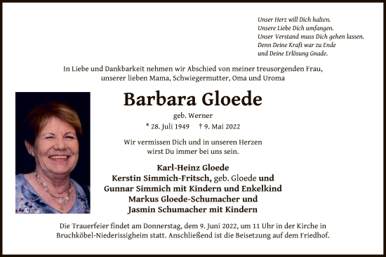 Traueranzeige von Barbara Gloede von OF