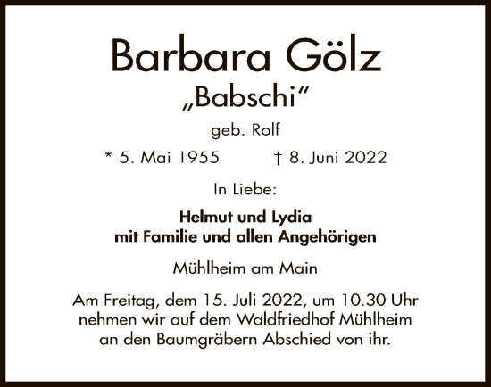 Traueranzeige von Barbara Gölz von OF