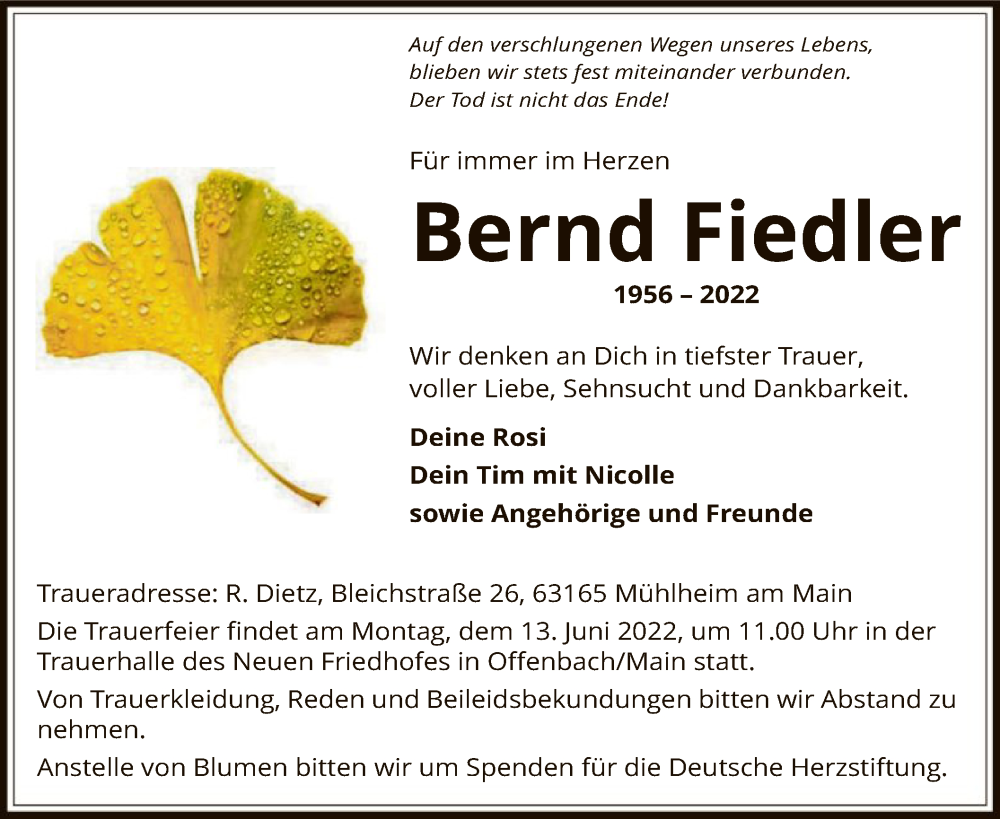  Traueranzeige für Bernd Fiedler vom 04.06.2022 aus OF