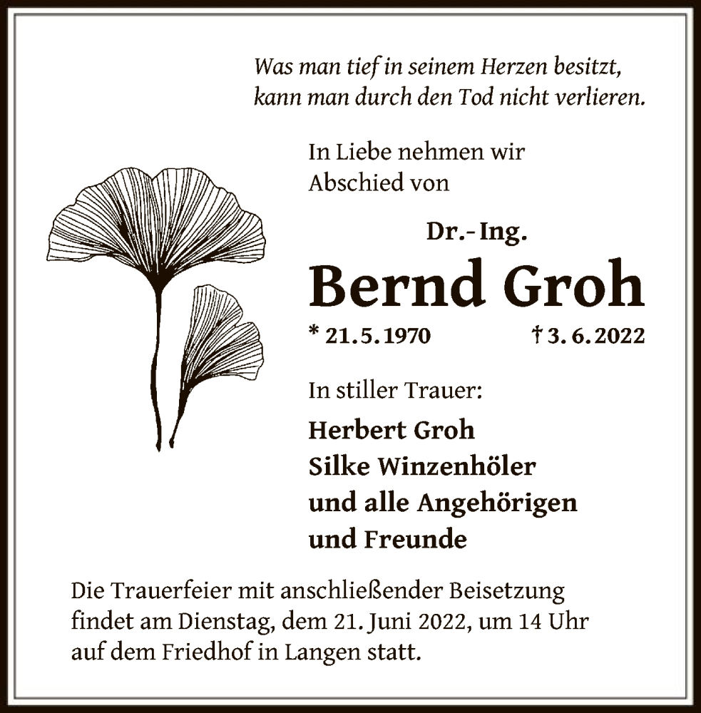  Traueranzeige für Bernd Groh vom 18.06.2022 aus OF