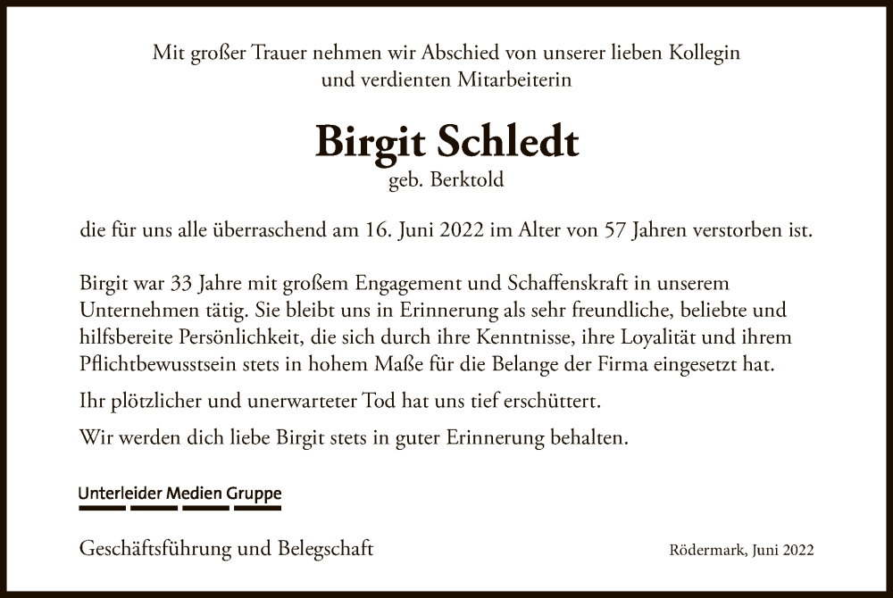 Traueranzeige für Birgit Schledt vom 23.06.2022 aus OF