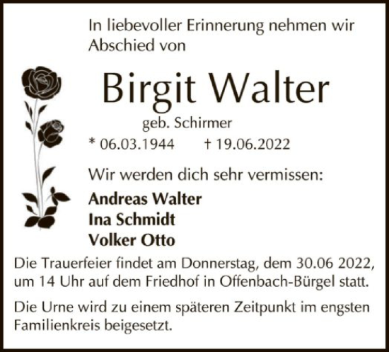 Traueranzeige von Birgit Walter von OF