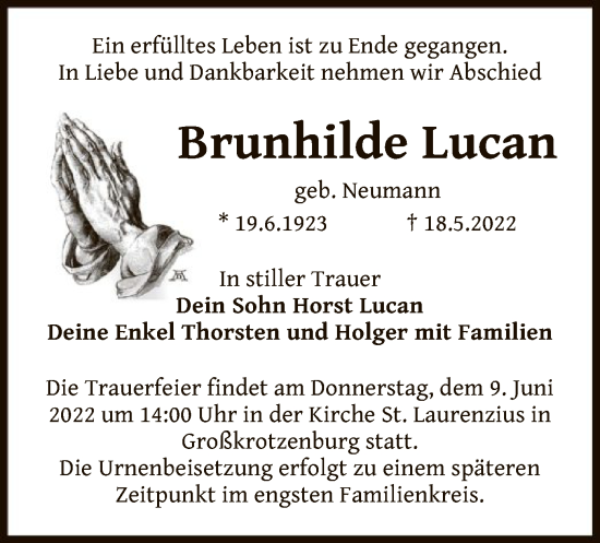 Traueranzeige von Brunhilde Lucan von OF