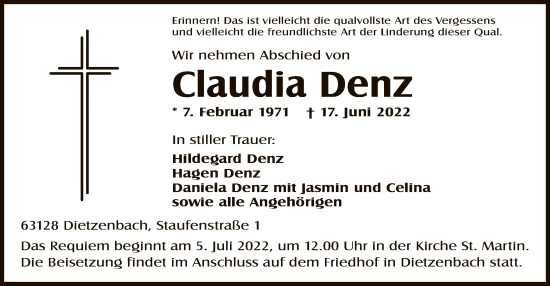 Traueranzeige von Claudia Denz von OF