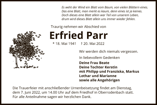 Traueranzeige von Erfried Parr von OF