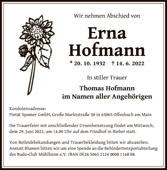 Traueranzeige von Erna Hofmann von OF