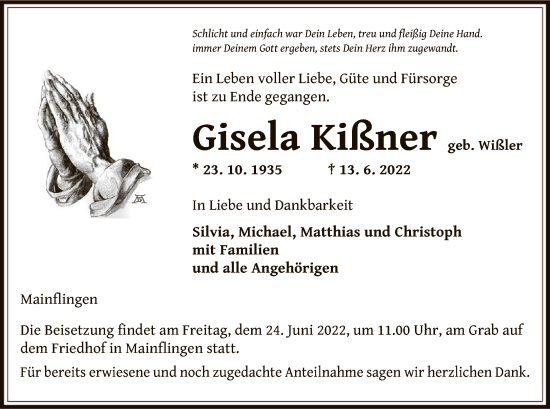 Traueranzeige von Gisela Kißner von OF