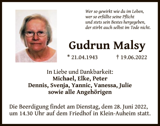 Traueranzeige von Gudrun Malsy von OF