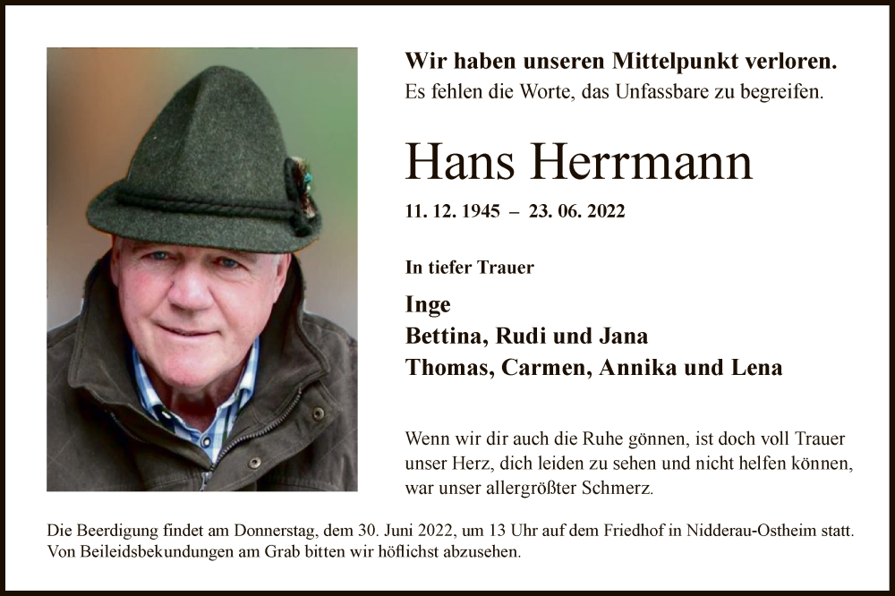  Traueranzeige für Hans Herrmann vom 25.06.2022 aus OF