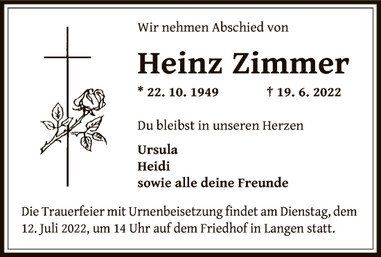 Traueranzeige von Heinz Zimmer von OF