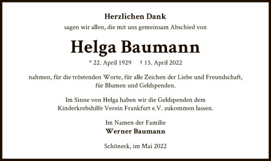 Traueranzeige von Helga Baumann von OF